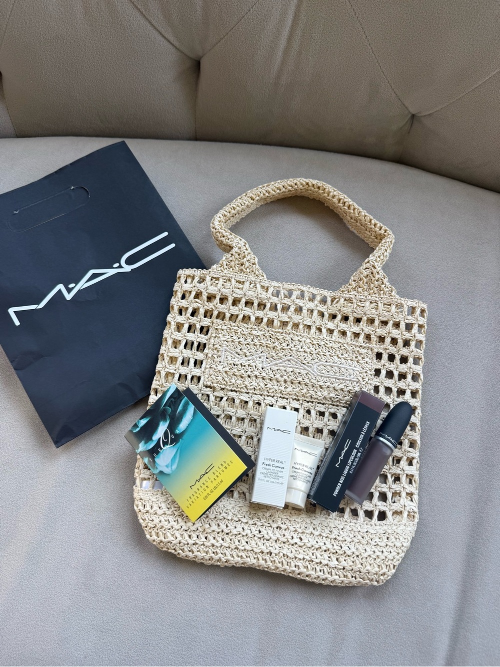 MAC cosmetics set, straw tote, powder kiss liquid lipcolor, cleanser & fragrance